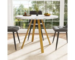 MODFU Ronde eettafel 80×80×75 cm - marmerlook MDF blad, gouden metalen poten, compact & multifunctioneel voor 4 personen