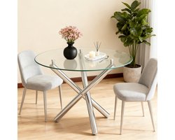 MODFU - Ronde Eettafel - Gehard Glas - Kruispoot - Minimalistisch - Metaal - Zilver - 80 X 80 X 76 Cm