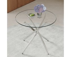 MODFU - Ronde Eettafel - Gehard Glas - Metalen Kruispoot - Modern - Voor Kleine Ruimtes - Zilver Transparant - 88 X 75 Cm