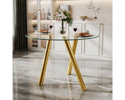 MODFU - Ronde Eettafel - Gehard Glazen Blad - Stabiel Onderstel - Modern - Eetkamer - Metaal - Goud
