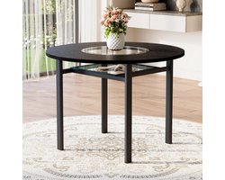 MODFU Ronde Eettafel - Glazen Inleg En Onderblad - Minimalistisch - Eetkamer - MDF En Metaal - Zwart - 100 Cm