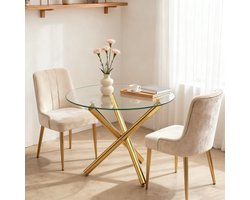 MODFU Ronde eettafel met gehard glazen blad en gouden kruispoot – Modern design voor 2-4 personen – Metaal en glas – Goud – 80x80x76 cm