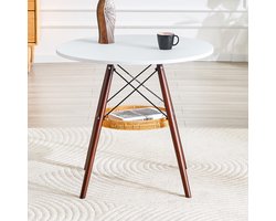 MODFU - Ronde Eettafel - Met Gevlochten Opbergmand - Scandinavisch - Voor Eethoek - MDF En Massief Hout - Wit En Walnootkleurig - Ø 80 Cm