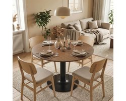 MODFU Ronde Eettafel - Voor 6 Personen - Modern - Voor Eetkamer - MDF En Metaal - Bruin - Ø110 Cm