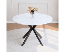 MODFU - Ronde Eettafel - X-Onderstel - Marmerlook - Modern - Voor Eethoek - MDF En Metaal - Wit En Zwart