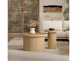 MODFU Ronde Salontafel Set van MDF met Natuurhouten Latten, Multifunctionele Beistelltafel, 2-Delig
