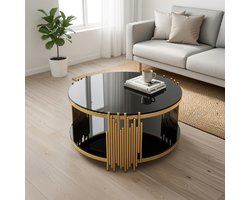 MODFU - Ronde Salontafel - Twee Niveaus - Modern - Voor Woonkamer - Gehard Glas En Roestvrij Staal - Zwart En Goud