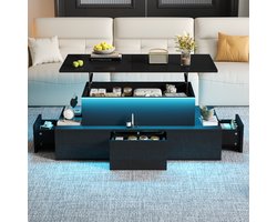 MODFU Salontafel – 100x50x40 cm – Verstelbaar blad (hydraulisch) met 4 lades & opbergruimte – USB & LED – Voor woonkamer of thuiswerkplek – MDF – Zwart