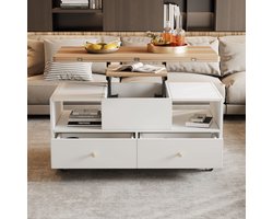 MODFU Salontafel 100x50x47,5 cm van MDF met walnoothouten blad, verstelbaar hef- en klapfunctie en 4 lades