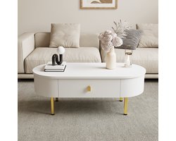 MODFU Salontafel met 2 lades, gouden handgrepen en gebogen hoeken, houten tafelblad en metalen poten