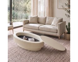 MODFU Salontafel - Ovaal Met Verborgen Opbergruimte - Modern - MDF - Crème - 98 x 60 x 35 cm