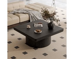 MODFU Salontafel - Vierkant Tafelblad Met Parketpatroon - Cilindrische Voet - Voor Woonkamer - Massief Hout En MDF - Zwart