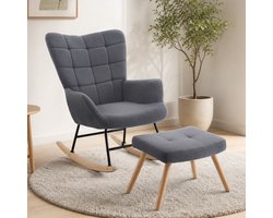 MODFU Schommelstoel met Voetenbank - Relaxstoel met Beensteun 91 cm - Moderne Lounge Schommelstoel - Comfortabel en Stevig Frame - Voor Woonkamer, Balkon en Terras - Metaal en Hout - Grijs