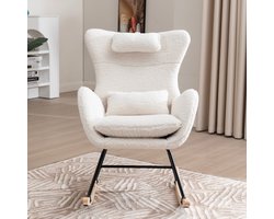 MODFU Schommelstoel Teddy Fluweel 85x60x95 cm – Luxe Zacht Foam – Stevig Hout-Metalen Frame – Geschikt voor Woonkamer, Balkon of Terras – Modern & Comfortabel – Wit