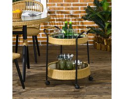 MODFU - Serveerwagen - 2 Niveaus En Wielen - Voor Binnen En Buiten - Rotan - Geel - Ø50 X 66 Cm