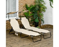 MODFU - Set Van 2 Opvouwbare Ligstoelen Met Zonnescherm - 5-Standen Verstelbare Rugleuning - Metaal - Bruin - 190 X 56 X 28 Cm