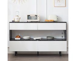 MODFU Sideboard 150 x 35 x 89,5 cm, Zwart Marmer Design met Open Opbergruimte, 4 Lades en LED-Verlichting, Stabiel Metalen Frame met Kipbeveiliging, Elegante Opbergmeubel voor Keuken en Woonkamer
