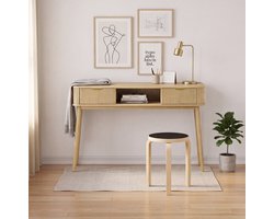 MODFU Sidetable Met 2 Lades En Open Vak - Mid-Century - Eikenlook - 120 X 35 X 77,6 Cm