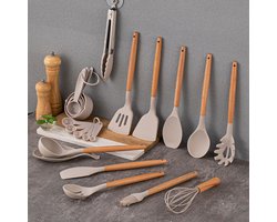 MODFU Siliconen Keukengerei Set – 12-delig met Houten Handgrepen – Praktisch en Veelzijdig – Comfortabel Koken – Geschikt voor Dagelijks Gebruik – Khaki