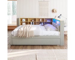 MODFU Slaapbank 140 x 200 cm met uitschuifbed 90 x 190 cm, flanel lichtgrijs, LED-verlichting en opbergruimte