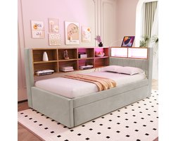 MODFU Slaapbank 90 x 200 cm met uittrekbed 90 x 190 cm, flanel lichtgrijs, met LED-verlichting en veel opbergruimte