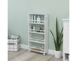 MODFU - Smalle Opbergwagen Met 4 Niveaus En Handgreep - Voor Keuken Of Badkamer - Spaanplaat - Wit - 45 X 15 X 91 Cm