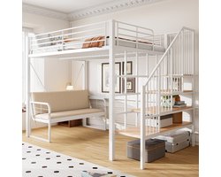 MODFU Stapelbed 140x200 cm – Met opbergtrap & afneembare bank – Metaal en MDF – Wit – 150 kg