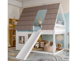 MODFU Stapelbed 140x200 cm van MDF en massief grenen – huisdesign met glijbaan – wit/bruin – speels en ruimtebesparend