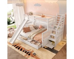 MODFU Stapelbed 90x200 cm boven 140x200 cm van grenenhout en MDF, met glijbaan en lades, antique white