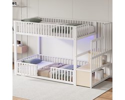 MODFU Stapelbed 90x200 cm – Lage Constructie (128,6 cm) – Wit – Met Opbergladder & LED – Gesloten Veiligheidsreling met Deurtje – Metaal en MDF – Max. 250 kg – 22 Latten – Veilig voor Kinderslaapkamer