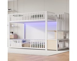 MODFU Stapelbed 90x200 cm – Lage constructie met opbergladder & LED – Wit – Metaal en MDF