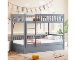 MODFU Stapelbed 90x200 cm – Met hydraulische opbergruimte – Stevig massief houten kinderbed – Inclusief lattenbodems – Grijs