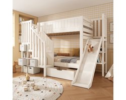 MODFU Stapelbed 90x200 cm – Wit hout met glijbaan – Trapkast & 3 stoffen laden – EN747 veilig – Kindermeubel