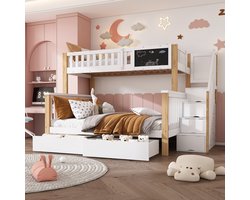 MODFU - Stapelbed Met Opbergruimte En Krijtbord - Voor Slaapkamer - Massief Hout - Wit En Licht Eiken - 90x200 + 140x200 Cm