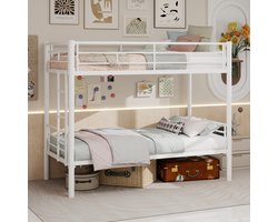 MODFU – Stapelbed Omvormbaar tot 2 Bedden – 196,6x97,8 cm – Met Ladder & Veiligheidshek – Staal – Wit