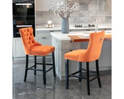 MODFU Stoel per stuk, fluweel gestoffeerd, hoge rugleuning, houten poten, met decoratieve knopen en metalen nagelrand, oranje
