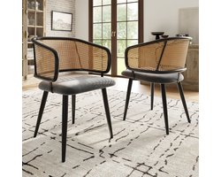 MODFU Stoel per stuk, gestoffeerde zit van fluweel, rattan rugleuning, metalen poten met houtnerf, modern ontwerp