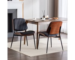 MODFU Stoel per stuk, mid-century, walnoot gebogen rug, zitting van kunstleer, metalen poten, ergonomische rugleuning