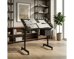 MODFU - Tekentafel - Verstelbaar Glazen Blad - Met Wielen - Zwart - 103 X 60 X 78 Cm