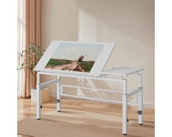 MODFU Tekentafel - Verstelbare Hoogte (77-100 cm) & Kantelbaar Blad (0-60°) - Bureau & Werktafel - Voor Kantoor en Studie - MDF en Metaal - Wit
