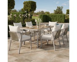 MODFU - Tuin Eetset - Voor 6 Personen - 1 Tafel En 6 Stoelen - WPC Tafelblad - Verzinkt Stalen Frame - Khaki