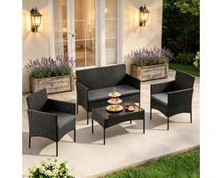 MODFU Tuinmeubelset - 4-Delig - Voor 4 Personen - Modern - Balkon Of Terras - PE-Rotan En Glas - Zwart