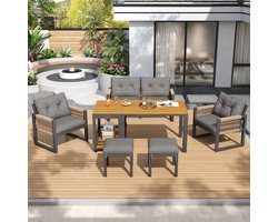 MODFU - Tuinmeubelset - 7-Delig - Afneembare Tafel - Ijzeren Frame - Gevlochtene Armleuningen - Grijs En Naturel