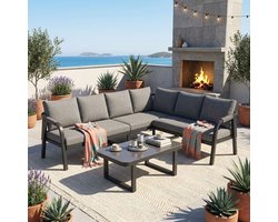 MODFU - Tuinmeubelset - Hoekopstelling Voor 6 Personen - Modern - Voor Tuin Of Balkon - Staal En Polyester - Grijs