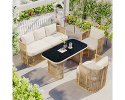 MODFU - Tuinmeubelset - Weerbestendig En Comfortabel - Modern - Voor Tuin Of Terras - PE-Rattan, Metaal En Glas - Beige En Zwart