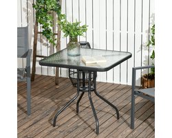 MODFU Tuintafel 76x76 cm – Vierkant met bedruppeld gehard glas – Inclusief parasolgat – Zwart metalen onderstel – Weerbestendige buiten tafel voor terras, tuin en balkon