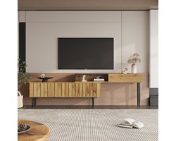 MODFU Tv-meubel – 129-200x30x58 cm – Marmer- & houtnerf – Naturel – Met metalen poten – Tv-kast met ruime opbergplanken – MDF – Modern design