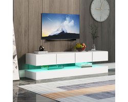 MODFU TV-meubel 130 x 33 x 15 cm van MDF, wit, met app-bediening, LED-verlichting, vier laden en opbergruimte, modern