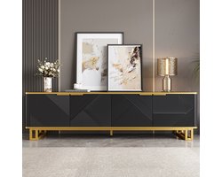 MODFU TV-meubel 160 L x37,5 B x 48 H(cm) van MDF en metalen frame, zwart-goud, met geometrische reliëfdeuren
