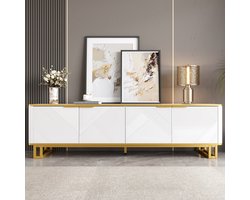 MODFU TV-meubel 160x37,5x48 cm van MDF en metaal, met geometrische reliëfdeuren, wit met goud, veel opbergruimte